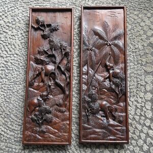 Vintage Hand Carved Wooden Wall Art Panels Elephants Set Of 2
